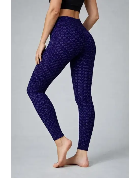 Yüksek Bel Toparlayıcı Likralı Büzgülü Tayt - Mavi