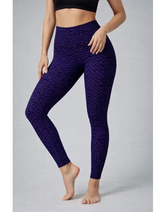 Yüksek Bel Toparlayıcı Likralı Büzgülü Tayt - Mavi