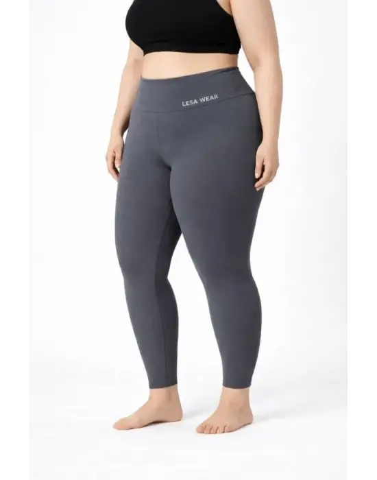 Yüksek Bel Toparlayıcı Likralı Dalgıç Spor Tayt  Esnek Battal Büyük Beden - Füme