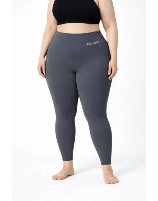 Yüksek Bel Toparlayıcı Likralı Dalgıç Spor Tayt  Esnek Battal Büyük Beden - Füme