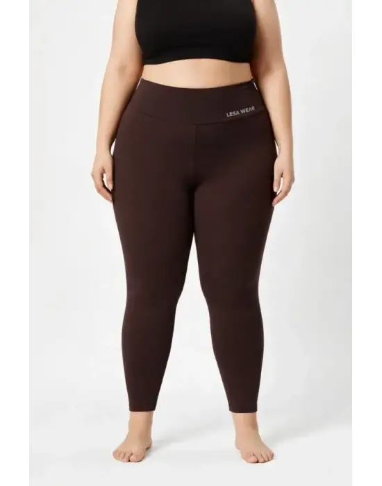 Yüksek Bel Toparlayıcı Likralı Dalgıç Spor Tayt Esnek Battal Büyük Beden - Kahverengi