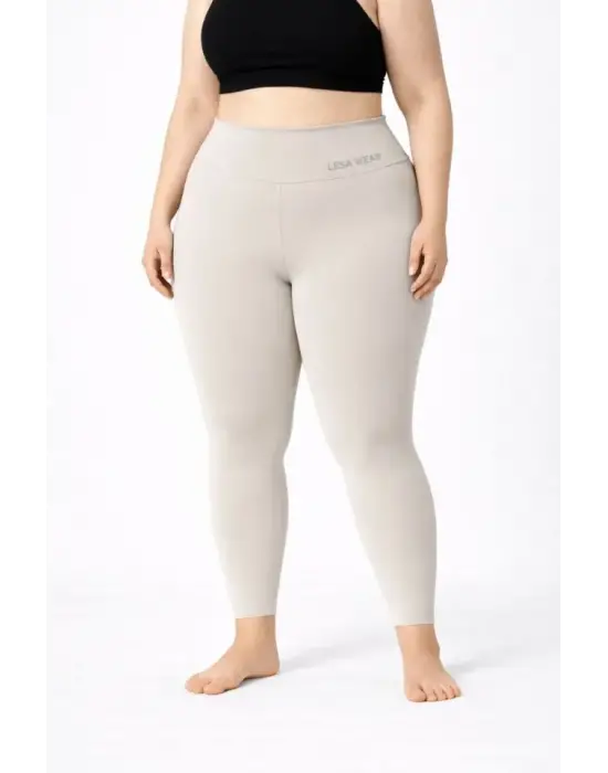 Esnek Yüksek Bel Spor Tayt - Taş