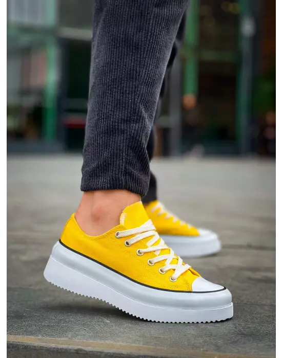 Omarı Yüksek Taban Kısa Sarı Keten Spor Ayakkabı