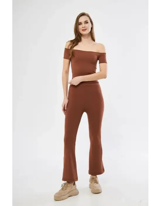 Yüksel Bel Fitilli İspanyol Paça Tayt - Kahve
