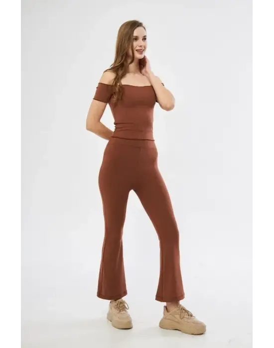 Yüksel Bel Fitilli İspanyol Paça Tayt - Kahve