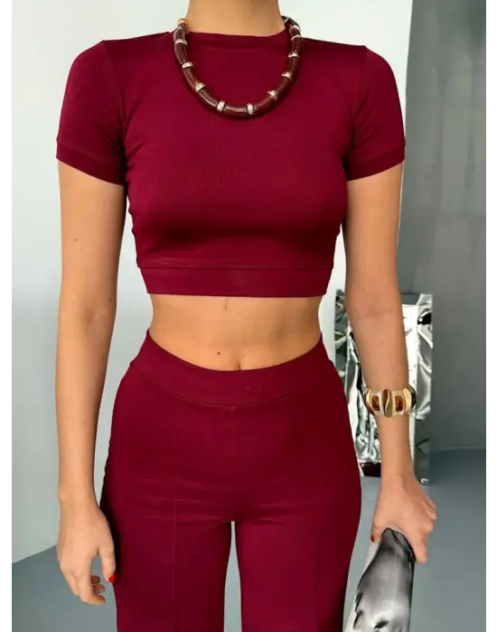 Omarı Yumuşak Kumaşlı Kısa Kollu Crop Alt Ispanyol Paça Pantolon Takımı