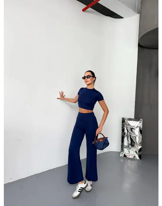 Omarı Modal Kumaş Kısa Kollu Crop Pantolon Takımı - Lacivert