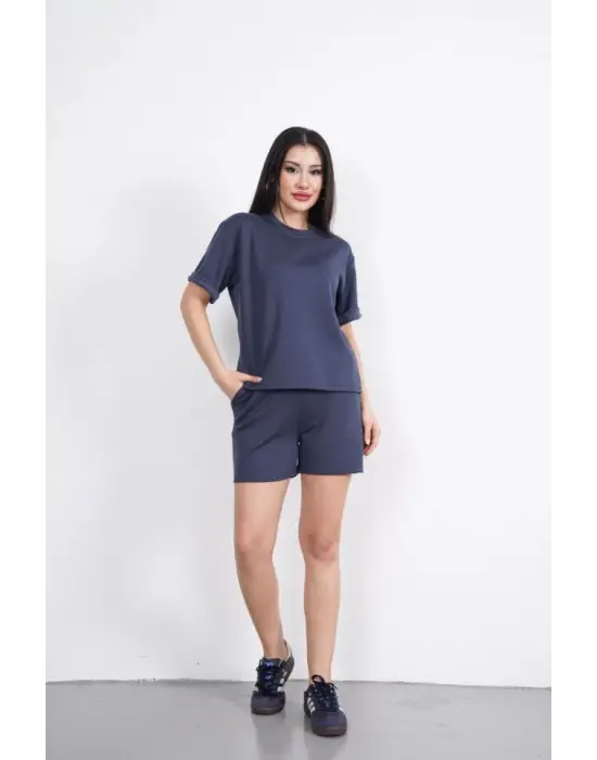 Omarı Modal Kumaş Bisiklet Yaka Kısa Şort Takımı - Antrasit