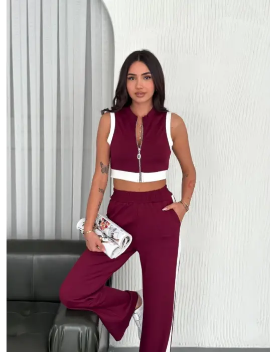 Omarı Yumuşak Modal Kumaşlı Crop Pantolon Takım - Bordo