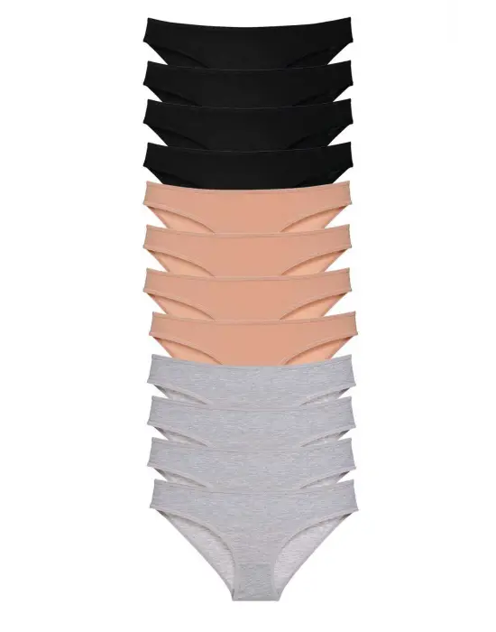 Omarı 12 Adet Likralı Kadın Slip Külot Seti - Siyah Ten Gri