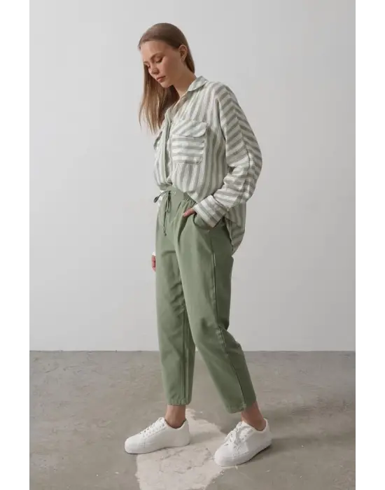 Omarı Yüksek Bel Pantolon - Haki