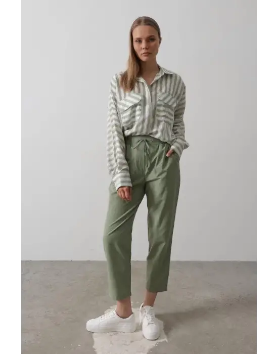 Omarı Yüksek Bel Pantolon - Haki