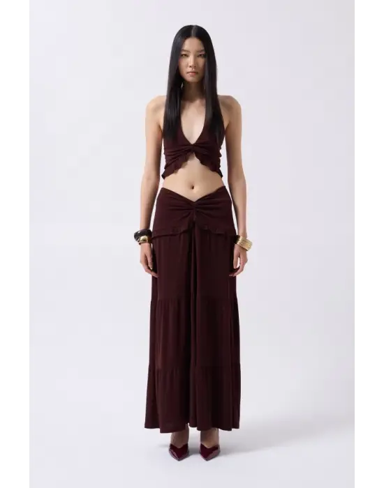 Omarı Fırfırlı Düğüm Detaylı Crop Bluz