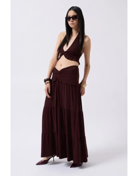 Omarı Fırfırlı Düğüm Detaylı Crop Bluz