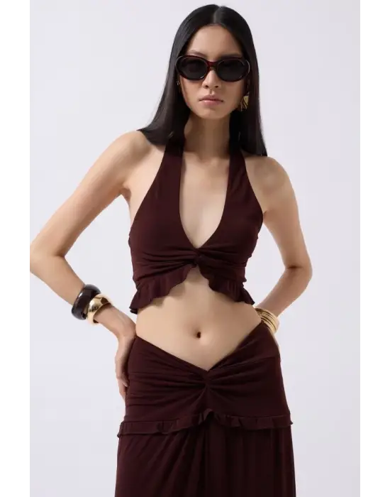 Omarı Fırfırlı Düğüm Detaylı Crop Bluz