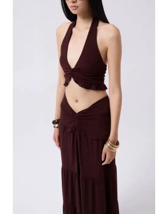 Omarı Fırfırlı Düğüm Detaylı Crop Bluz