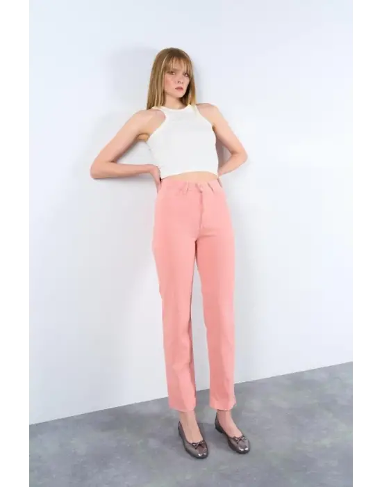 Omarı Esnek Kumaşıyla Rahat Kesim Düz Pantolon - Pudra