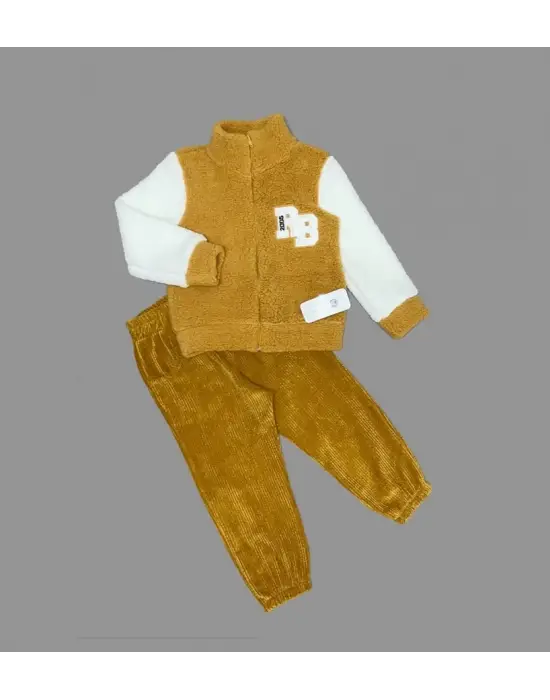 Omarı Yumuşak Kuzu Kumaşlı Sweat Pantolonlu Çocuk Takımı - Hardal