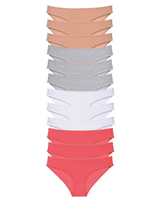 Omarı 12 Adet Likralı Kadın Slip Külot Seti - Ten, Gri, Beyaz, Fuşya