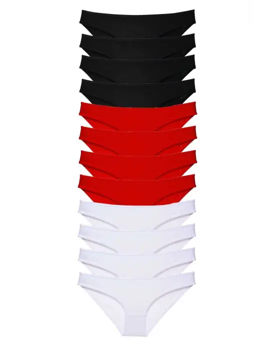 Omarı 12 Adet Likralı Kadın Slip Külot Seti - Siyah, Kırmızı, Beyaz