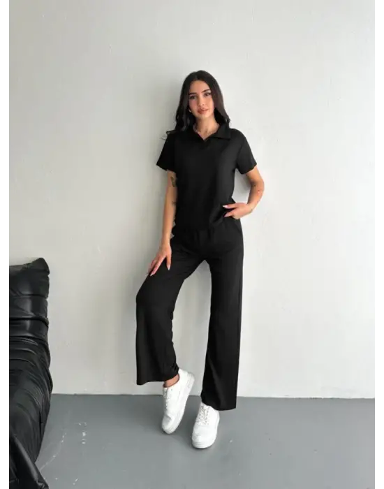 Omarı Yumuşak Modal Kumaşlı Kısa Kollu T-shirt Pantolon Takımı - Siyah