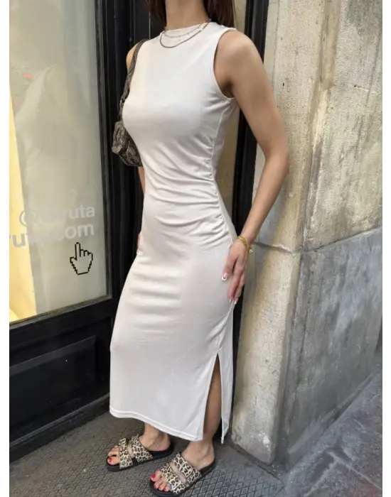 Omarı Beyaz Yumuşak Kumaş Bisiklet Yaka Uzun Elbise