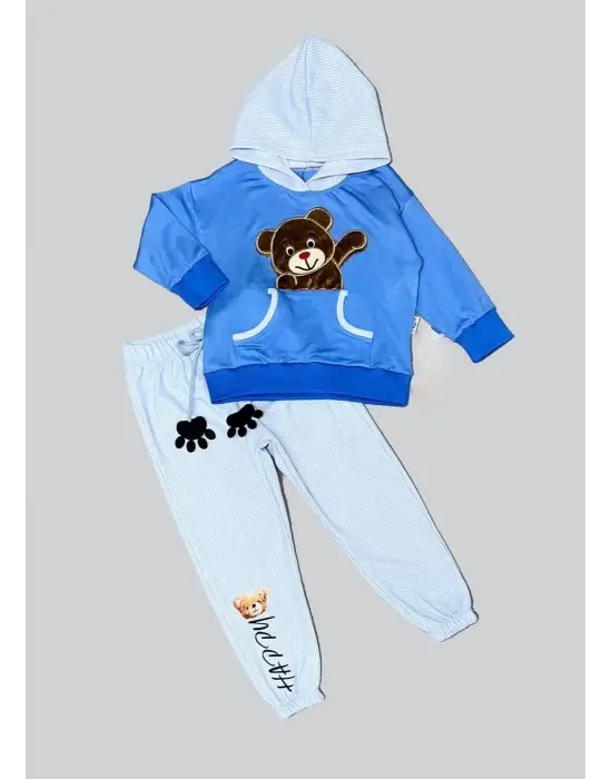 Omarı Pelüş Ayı Desenli Kapşonlu Çocuk Takımı