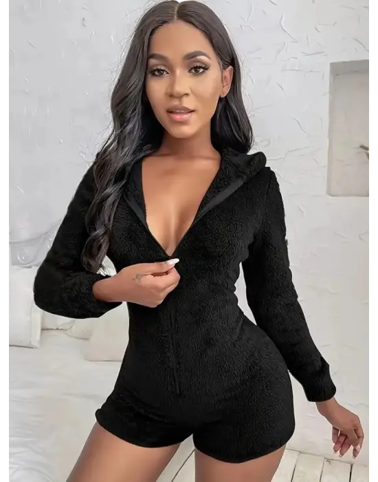 Omarı Sıcacık Kış Stili Kadın Peluş Şort Tulum