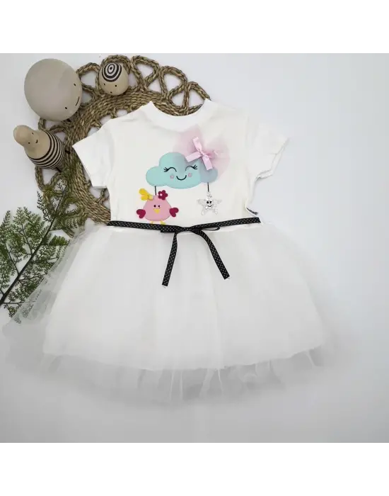 Omarı Sevimli Tül Detaylı Kız Bebek Elbisesi