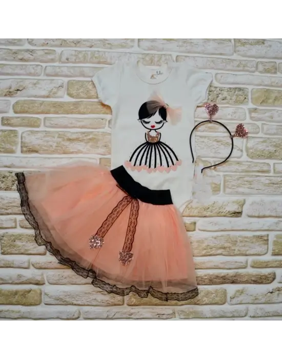 Omarı Kalp Nakışlı Taçlı Tütü Etek 3lü Kız Bebek Takımı Pudra