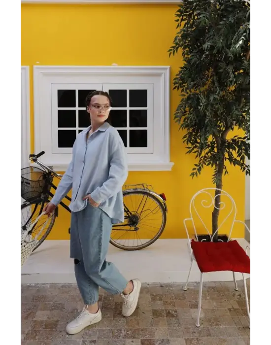 Omarı Yumuşak ve Şık Müslin Uzun Kol Bebek Gömleği - Bebe Mavisi