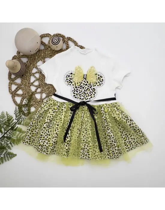 Omarı Fiyonk Detaylı Kız Bebek Tütü Elbisesi Sarı-ekru