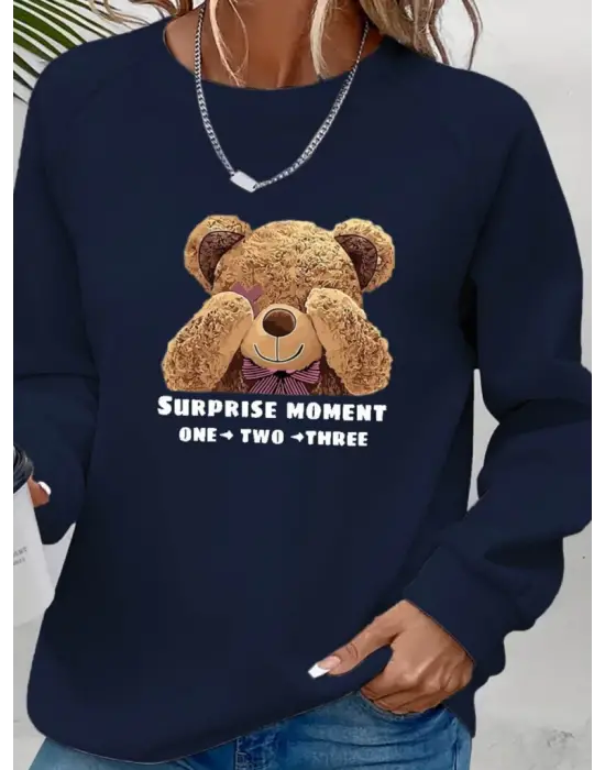 Omarı Ayıcık Desenli Uzun Kollu Kadın Bluz