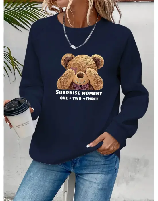 Omarı Ayıcık Desenli Uzun Kollu Kadın Bluz