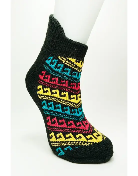 Omarı Yünlü Havlu Kadın Patik Çorap - Kalın Kışlık Ev Giyim Desenli Siyah