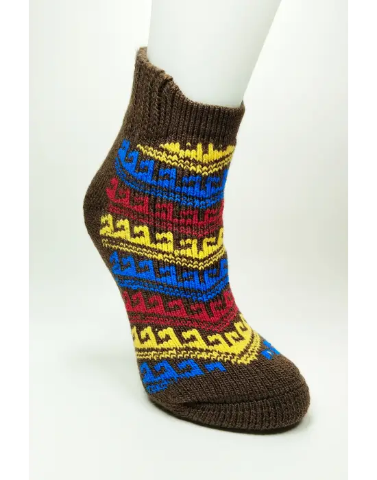 Omarı Kalın Yünlü Soket Çorap Ev Giyim Patik - Kahve Desenli