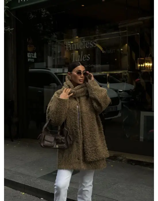 Yün Cıkartılabilen Atkılı ,Kaban İkili Takım- Kahve