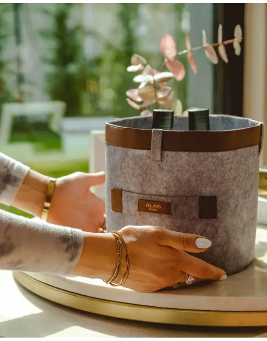 Omarı Deri Şeritli Yuvarlak Organizer Kutu Keçe Sepet