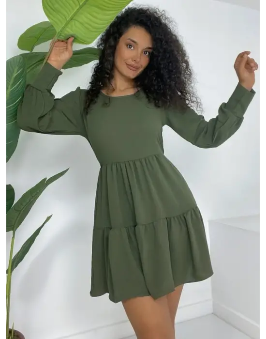 Yuvarlak Yaka Beli Lastikli Eteği Katlı Ayrobin Elbise -Haki