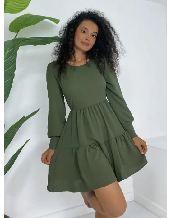 Yuvarlak Yaka Beli Lastikli Eteği Katlı Ayrobin Elbise -Haki