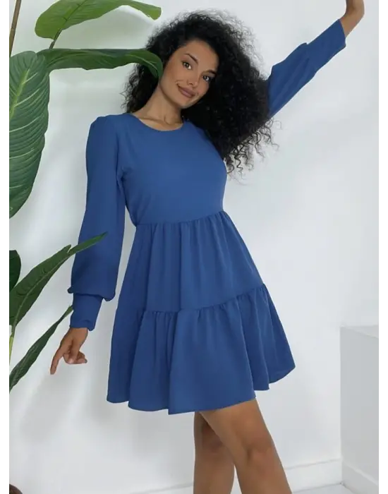 Omarı Katlı Yuvarlak Yaka Eteği - İndigo Renk Seçenekleriyle
