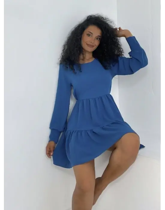 Omarı Katlı Yuvarlak Yaka Eteği - İndigo Renk Seçenekleriyle