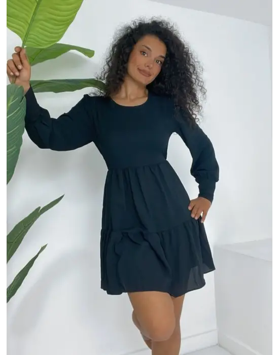 Yuvarlak Yaka Beli Lastikli Eteği Katlı Ayrobin Elbise -Siyah