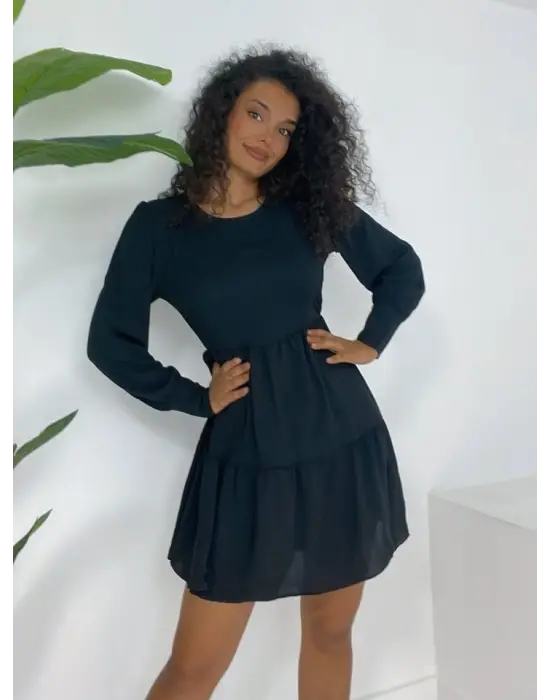 Yuvarlak Yaka Beli Lastikli Eteği Katlı Ayrobin Elbise -Siyah