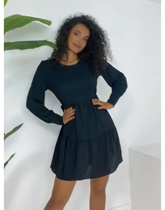 Omarı Beli Lastikli Eteği Katlı Siyah Elbise