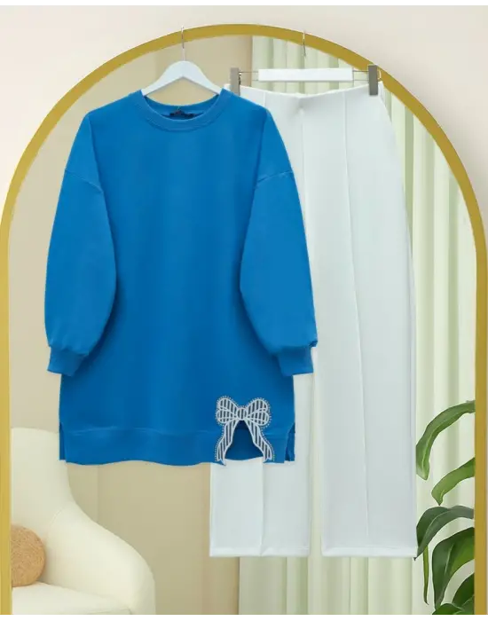 Mavi Yuvarlak Yaka Fiyonk Detaylı Salaş Penye Tunik Kadın Giyim