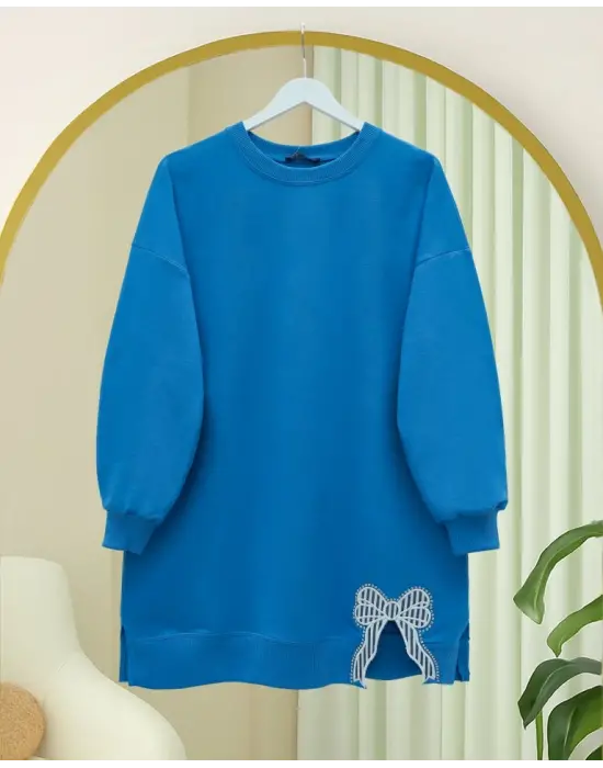 Mavi Yuvarlak Yaka Fiyonk Detaylı Salaş Penye Tunik Kadın Giyim