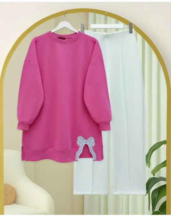 Yuvarlak Yaka Eteği Fiyonk Detaylı  Salaş Penye Tunik -Pembe