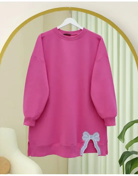 Yuvarlak Yaka Eteği Fiyonk Detaylı  Salaş Penye Tunik -Pembe