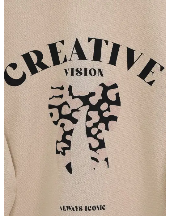 Yuvarlak Yaka Fiyonk Baskılı Leopar Etekli Takım -Bej